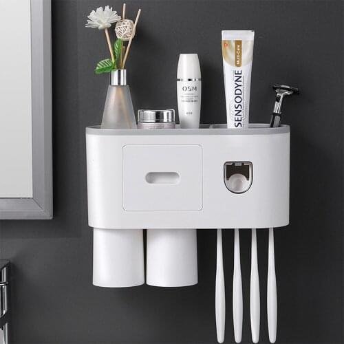 Wall Mount automatic toothbrush holder Anti-Dust 2-Head squeezer Sucker Holder Cup Bathroom Organizer Storage Rack