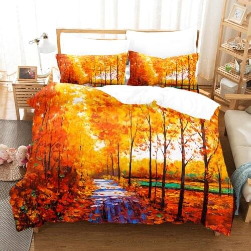 Fall Gold Forest Bedding Set Creative Comforter Bedclothes Bed Cover Set Housse De Couette Queen King Size Scenery Duvet Cover