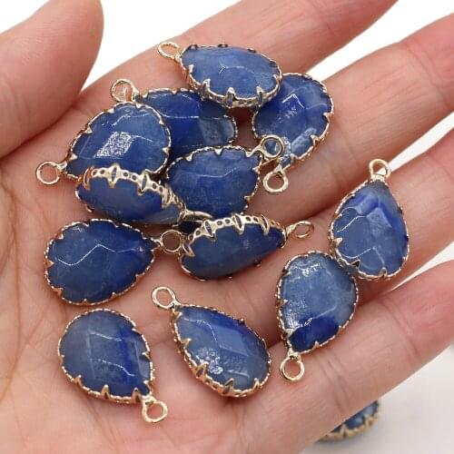 4Pcs Natural Stone Blue Aventurine Pendant Retro Drop-Shaped Single-Hole Charm for Jewelry Making Necklace Accessories 14x23mm