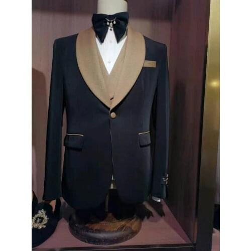 2021 Tailor made luxury groom wedding suits men slim fit black 3 piece brown shawl collar fashion business party formal Blazer