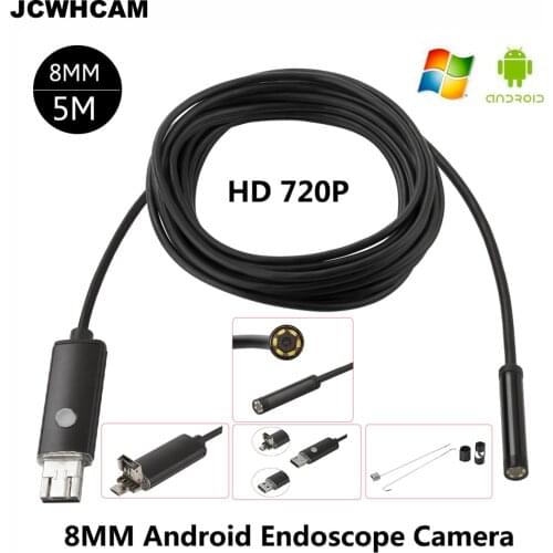 JCWHCAM HD 2MP 6 LED 8mm Len 1M 5M Android USB Endoscope IP67 Waterproof Inspection Borescope Tube Camera OTG Android Phone 720P