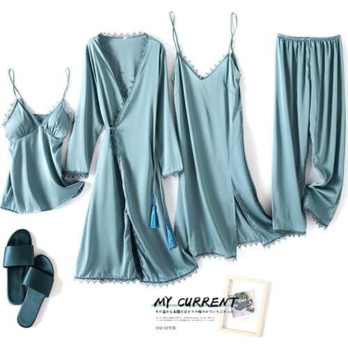 Womens Pajamas Ice Silk Solid 4 pieces Pajama Set Satin Pyjamas Sexy Lace Pijama Nightie Sleepwear Home Clothes