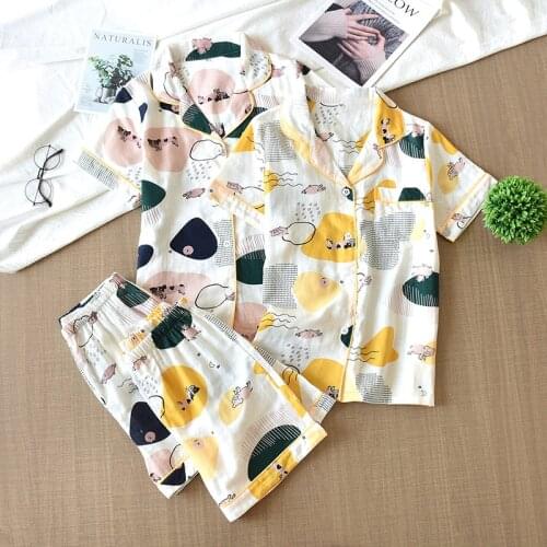 Female Cotton Homewear 2021 New Summer Gauze Short Sleeve Womens Pajamas Shorts 2Pcs Set Cute Cartoon Printed Sleepwear Pyjamas