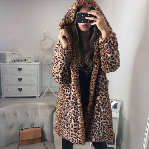 Ladies Leopard Faux Fur Hoodie Parka Outwear Mid Length Winter Warm Jacket Coat B6