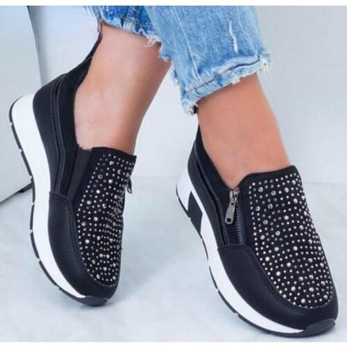 2021 New Women Crystal Sneakers Spring Autumn Casual Zipper Flat Shoes Women Non-slip Breathable Outdoor Vulcanized Shoes Woman