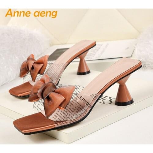 2019 New Summer Outside Women Slippers High Spike Heel Butterfly-Knot Sweet Fashion Women Shoes Orange Female Mules Slides