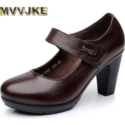 MVVJKE Spring Autumn Shoes Woman 100% Genuine Leather Women Pumps Lady Leather Round Toe Platform Shallow Mouth Shoes Size E158
