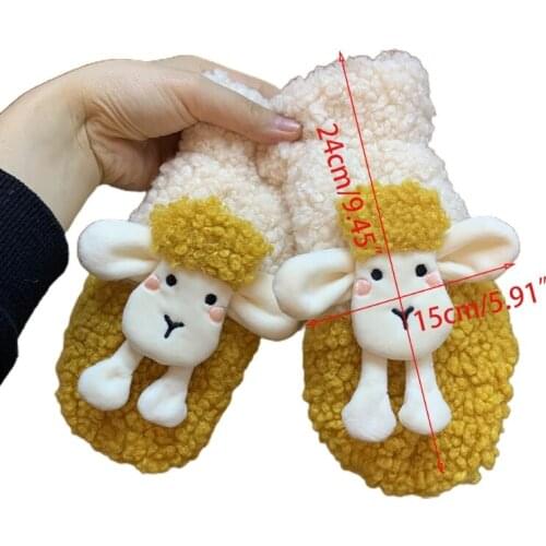 40GC Female Girls Winter Faux Fleece Gloves 3D Cartoon Sheep Animal Furry Plush Lining Thermal Windproof Mittens with String