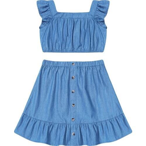Girls Clothes Summer 2021 Outfits Kids Ruffle Denim Vest Crop Top + Skirt 2Pcs Set Children Clothing Teenage Fashion Street Wear