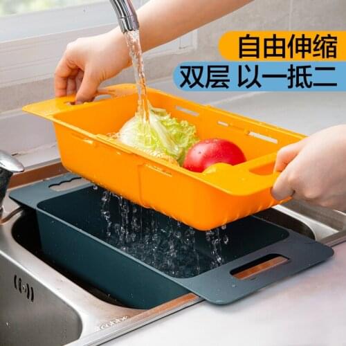 2 In 1 Telescopic Sink Dishes Drying Rack Kitchen Vegetable Fruit Washing Basket Plastic Sink Storage Rack 38-48CM