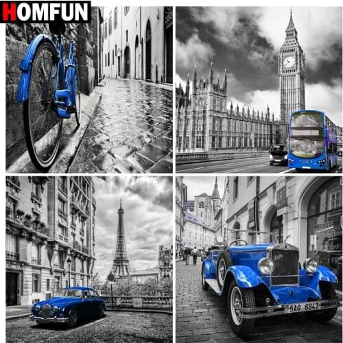 HOMFUN DIY 5D Diamond Painting "Blue car street tower" Full Diamond Embroidery Sale Picture Of Rhinestones For Festival Gifts