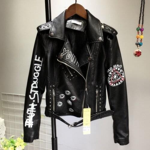 Black Punk Graffiti Faux Leather Jacket Women Autumn Female Slim Short PU Coat Ladies Zipper Rivet Crop Motorcycle Biker Jackets