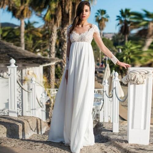 Elegant Plus Size Wedding Dresses with Long Sleeves Deep V-neck Backless Chiffon Empire Bridal Gown Bride Dress Customized
