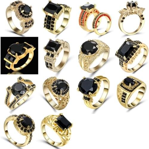 Big Black Zircon Rings For Female Male Yellow Gold Colour Fashion Wedding Party Engagement Ring Simple Jewelry Size 6