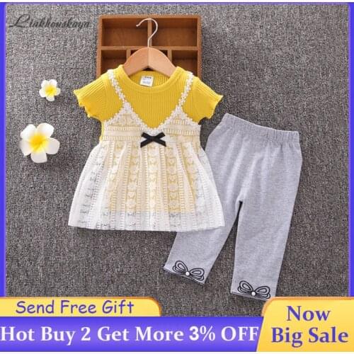 Girls Clothing Sets Toddler Baby Summer Fashion Cotton Lace Short Sleeve T-Shirt + Bow Embroidery Pants Elegant Princess 2Pcs