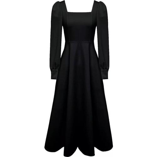 Korean Dresses Spring Autumn 2020 Women New Long-Sleeved French Vintage Hepburn Style Square Neck Black Long Dress Christmas