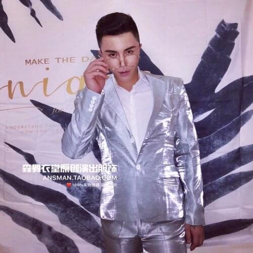 Suit+pants ) Nightclub New Male Singer Dj High-end Party Blazer Symphony Silver White Reflective Satin Suit Men Costume Suits