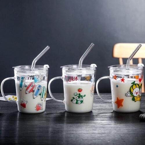 350ml with Straw With Lid High BorosilicateGlass Cup Pencil Luck Watermelon Double Wall Water Milk Teas Glass Insulation Cup Mug