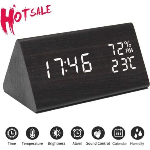Multicolor Sound Control Wooden Wood Square LED Alarm Clock Desktop Table Digital Thermometer Wood USB/AAA Decor Larm Clock