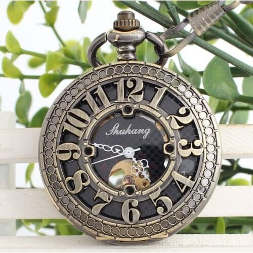 DHL Shipping Bronze Hollwed Number Skeleton Mechanical Pocket Watch with Chain Men Women Pocket Watches Wholesale