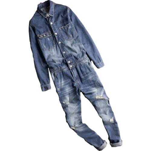 Monos vaqueros de manga larga con solapa para hombre, Estilo de motocicleta Retro con agujeros rasgados, pantalones vaqueros azu