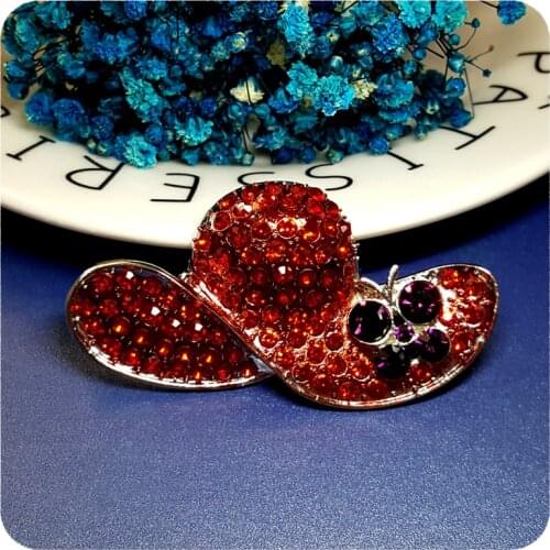 New Arrival Rhinestone Red Hat Brooch Pin with a Purple Butterfly