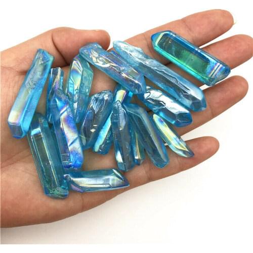 Wholesale 50g Electroplated Light Blue Titanium Aura Lemurian Seed Quartz Crystal Point Stones Specimen Natural Quartz Crystals
