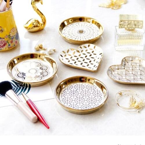 Golden Ceramics Cosmetic Jewelry Storage Tray Desktop Accessories Storage Dressing Table Restaurant Cake Coffee Decoration Plate
