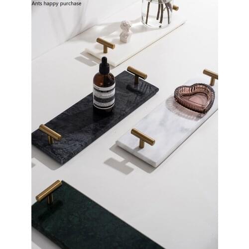 European-style Rectangular Marble Tray with Metal Handle Household Jewelry Tray Dessert Plate Bathroom Shelf Art Home Decoration