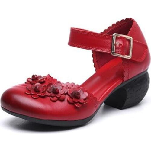 Retro Sandals Hot 2020 New Summer Round Head Fashion Flowers Women Sandals Genuine Leather Shoes Non-slip Wear High Heel Sandals