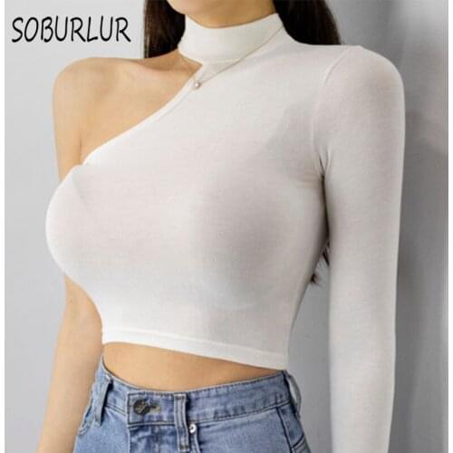 SOBURLUR Sexy Chic Womens T-Shirts Off Shoulder Tops For Girls Lady Crop Top Woman Clothing New Preppy Tees Tunics 2021 Summer