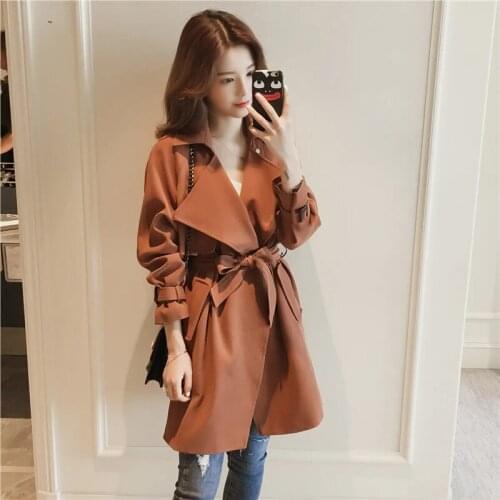 Lining Trench Coat Women 2021 Spring Autumn New Korean Mid-Length Loose Windbreaker Womens Casual Suit Collar Jacket Lady Belt
