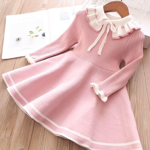 2021 Knitting Dress For Girls Half High Neck Striped Contrast Pleated Sweater Dress Princess Dress Child Clothing For 3-8 Age