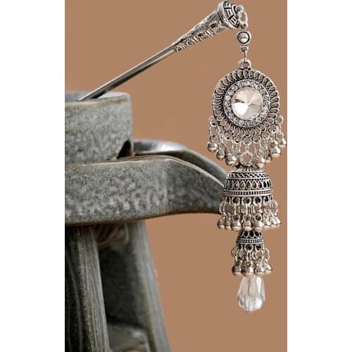 Vintage Bohemian Ethnic Style Hairpin Silver Color Alloy Birdcage Shape Pendant Beads Tassel Hairpin 2020 Indian Jewelry Gifts