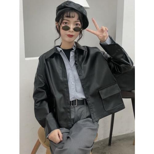 Leather jacket women Fashion lapel Slim Short motorcycle PU jacket Black white faux leather jackets 2019