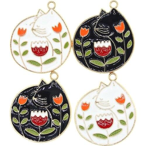 10pcs/lot 27*32mm Animal Cat Enamel Pendant Handmade Craft Golden Metal Charm For Earrings Jewelry Making Dangle Finding XL1019