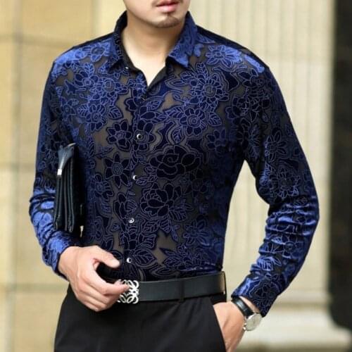 2021 Sexy Floral Velvet Shirt Men Fashion Party Club Prom Transparent Long Sleeve Shirt See Through Camisa Masculina Lace Shirt