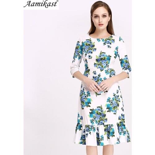 2022 Autumn Womens Vintage Print Flora Belted Three Quarter Tunic Pinup Wear To Work Office Casual Party Mermaid Skater Dress