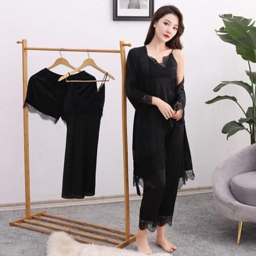 5PCS Women Lace Trim Robe Sets Bride Dressing Gown Loungewear Soft Pajamas Suit Soft Lingerie Kimono Bath Nightgown Home Wear