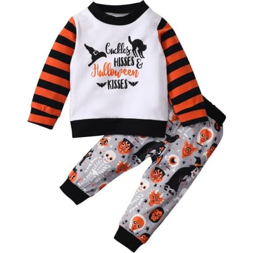 0-4Years Toddler Kids Boy Girl Suit Set Halloween Cartoon Patterns Print O-Neck Long Sleeve Blouse+ Long Pants
