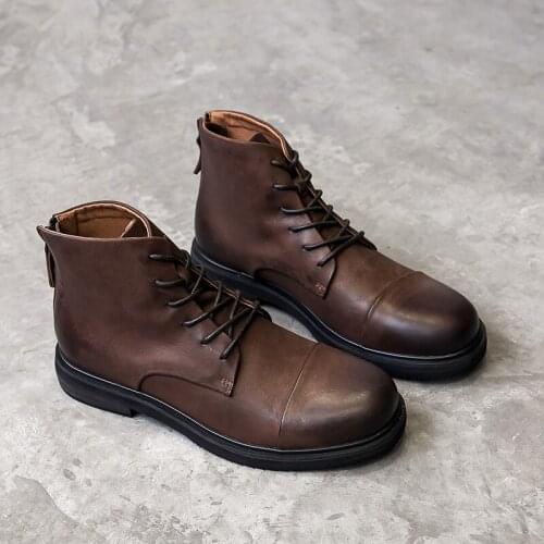 Retro lace-up rear zipper Martin boots mens autumn and winter high-top round toe leather boots Korean style mid-top boots