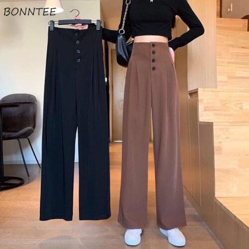 Casual Pants Women Button Design Solid All Match Streetwear Breathe Ladies Wide Leg Trousers Spring Stylish High Waist Cozy Ins