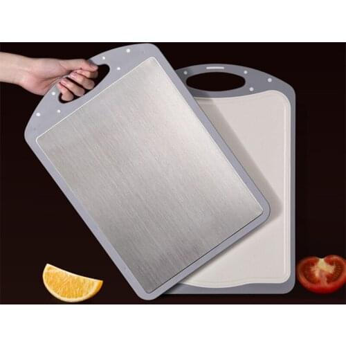 Double-Sided 304 Stainless Steel and Plastic Chopping Board for Cutting Block Meat Vegetable Fruit Juice Groove Easy Grip Handle