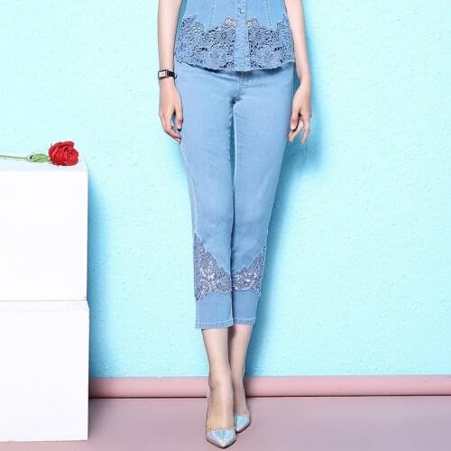 Summer calf-length thin jeans large size womens fashion jeans lace embroidery hollow out breathable cotton thin jeans for women