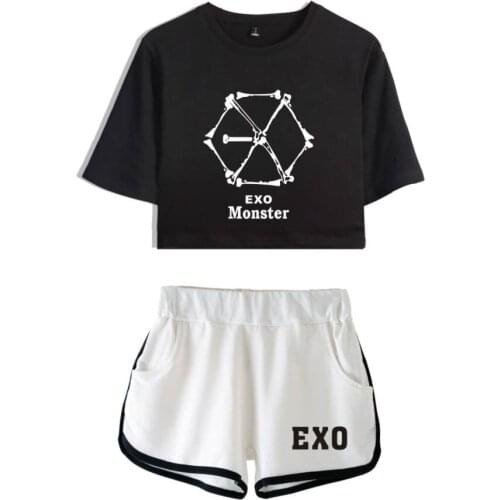 EXO Summer Cool Two Piece Sets For Women Casual Style Print EXO T-shirt&shorts Sets Sexy Women Tracksuit Plus Size 2XL