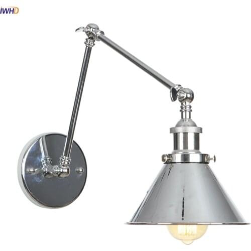IWHD Loft Decor Indsutrial Wall Sconce Bedroom Stair Mirror Light Silver Long Arm Vintage Wall Lamp Applique Murale Luminaria