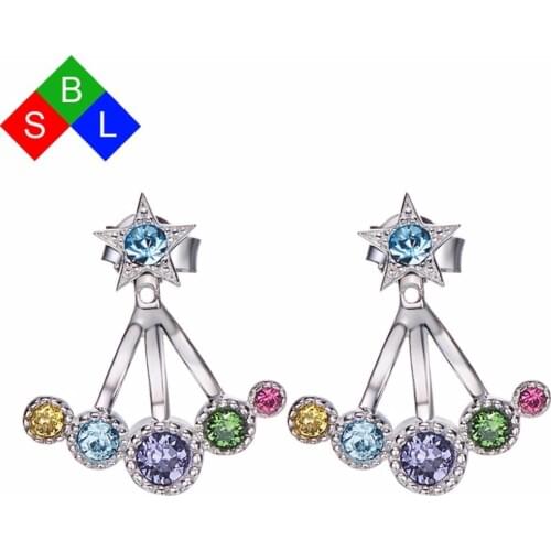Red Trees Brand Fashion Lady 925 Sterling Silver Multi-color Crystal Ear Jacket Cuffs Stud Earring For Women