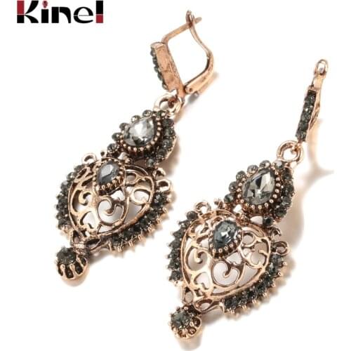 Kinel Fashion Gray Crystal Flower Big Drop Earrings For Women Antique Gold Vintage Earrings Ethnic Bride Wedding Boho Jewelry