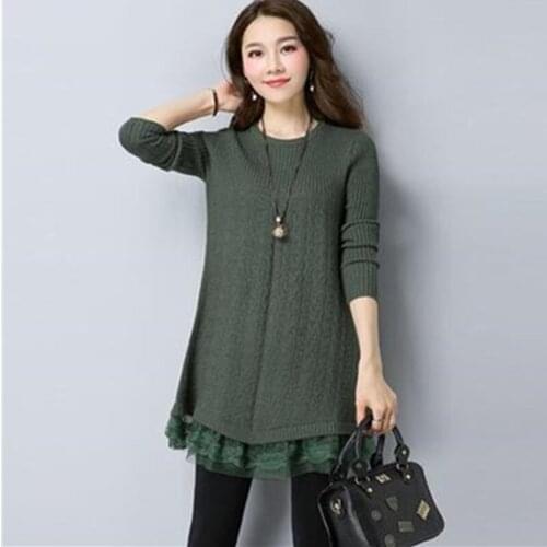Fashion Knitted Sweater Women Plus Size Loose Warm Lace Jumper Dress Casual Pullover Tops Female O Neck Long Sleeve Clothes