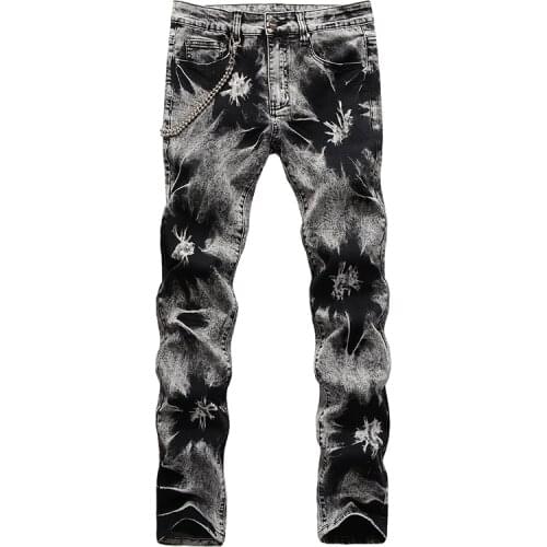 Mens Snow Washed Tie and Dyed Jeans with Chain Streetwear Gray Black Slim Straight Stretch Denim Pants